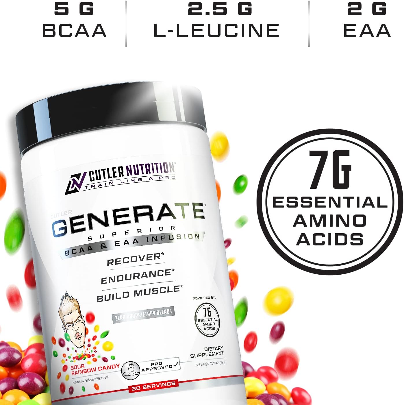 Cutler Nutrition Generate EAA and BCAA Powder: Best Branched Chain Amino Acids Supplement with Essential Amino Acids, 5g BCAAs, 2g EAAs for Lean Muscle Mass | Sour Rainbow Candy, 30 Servings