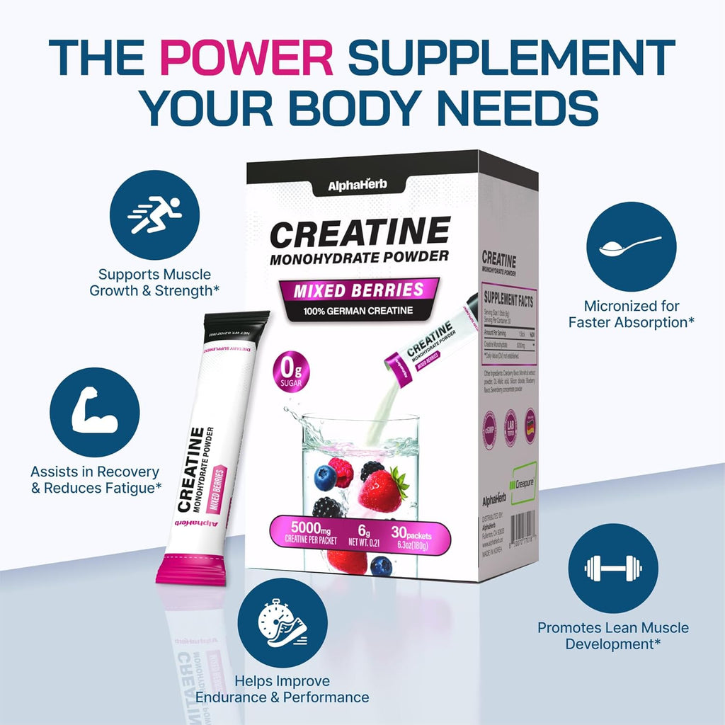 Creatine Monohydrate Powder – Creapure® German-Sourced, Mixed Berry Flavour, 30 Stick Creatine Packs, 5000mg Each | No Sugar, No Fillers, Gluten-Free