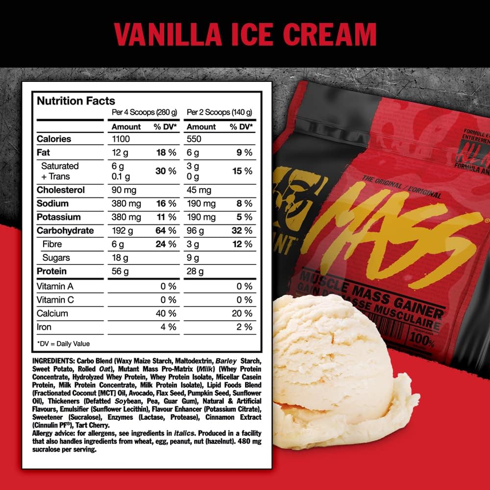 Mutant Mass Weight Gainer Protein Powder – Build Muscle Size and Strength with 1100 Calories – 56 g Protein – 26.1 g EAAs – 12.2 g of BCAAs – 15 lbs with 24 Servings – Cookies & Cream