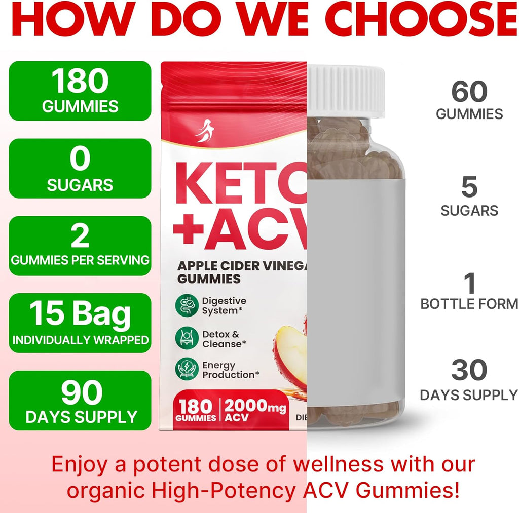 Apple Cider Vinegar Gummies, Advanced ACV Gummy with Probiotics, BHB, B12 and Keto Support - Keto Acv Gummies for Detox, Metabolism, Digestion, Gut & Immune Health - Sugar Free, Vegan, 180 Counts