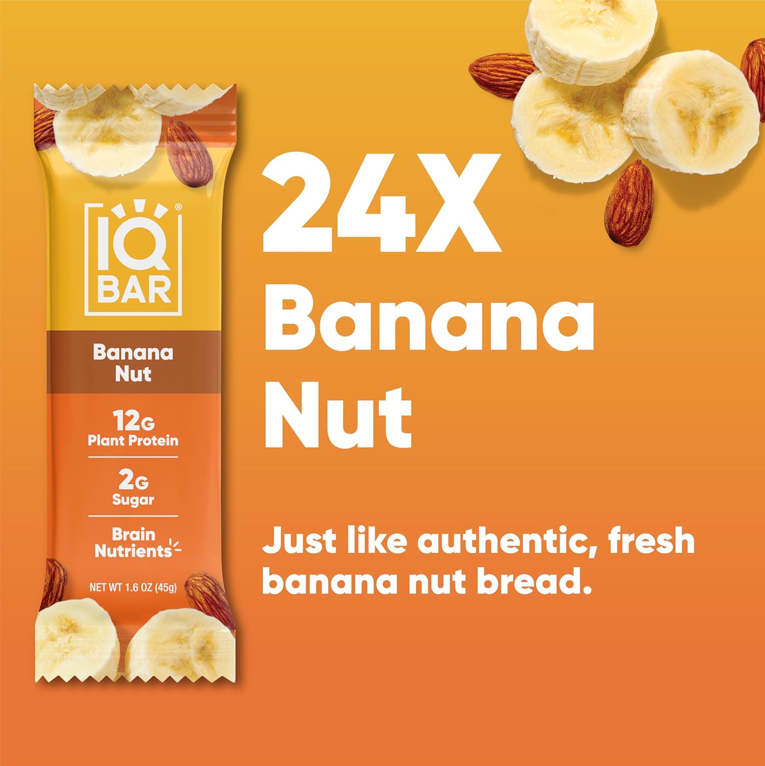 IQBAR Brain and Body Plant Protein Bars - Banana Nut - 24-Count - Keto, Vegan, Low Carb, High Fiber, Gluten Free, Dairy Free, Low Sugar Snack with Nutrients for Focus, Energy, Meal Replacement