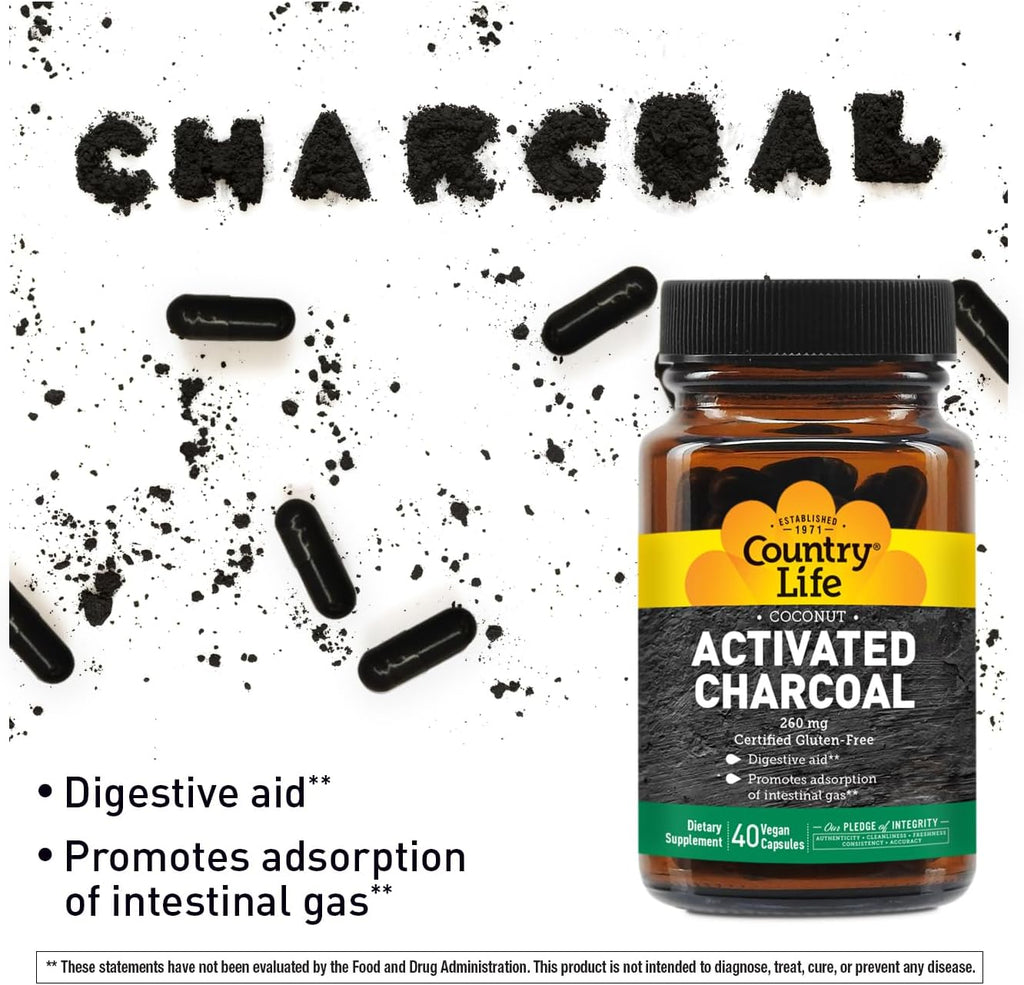 Country Life Coconut Activated Charcoal Capsules, 260mg – Natural Charcoal Supplement for Gas and Bloating Relief - Gluten-Free, 40 Vegan Capsules