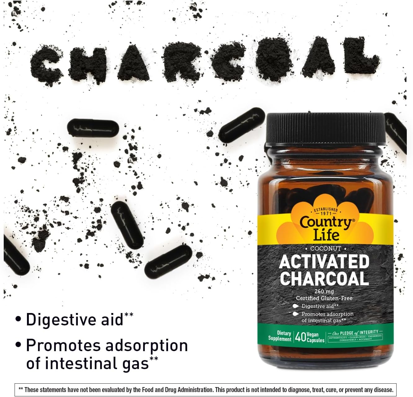 Country Life Coconut Activated Charcoal Capsules, 260mg – Natural Charcoal Supplement for Gas and Bloating Relief - Gluten-Free, 40 Vegan Capsules