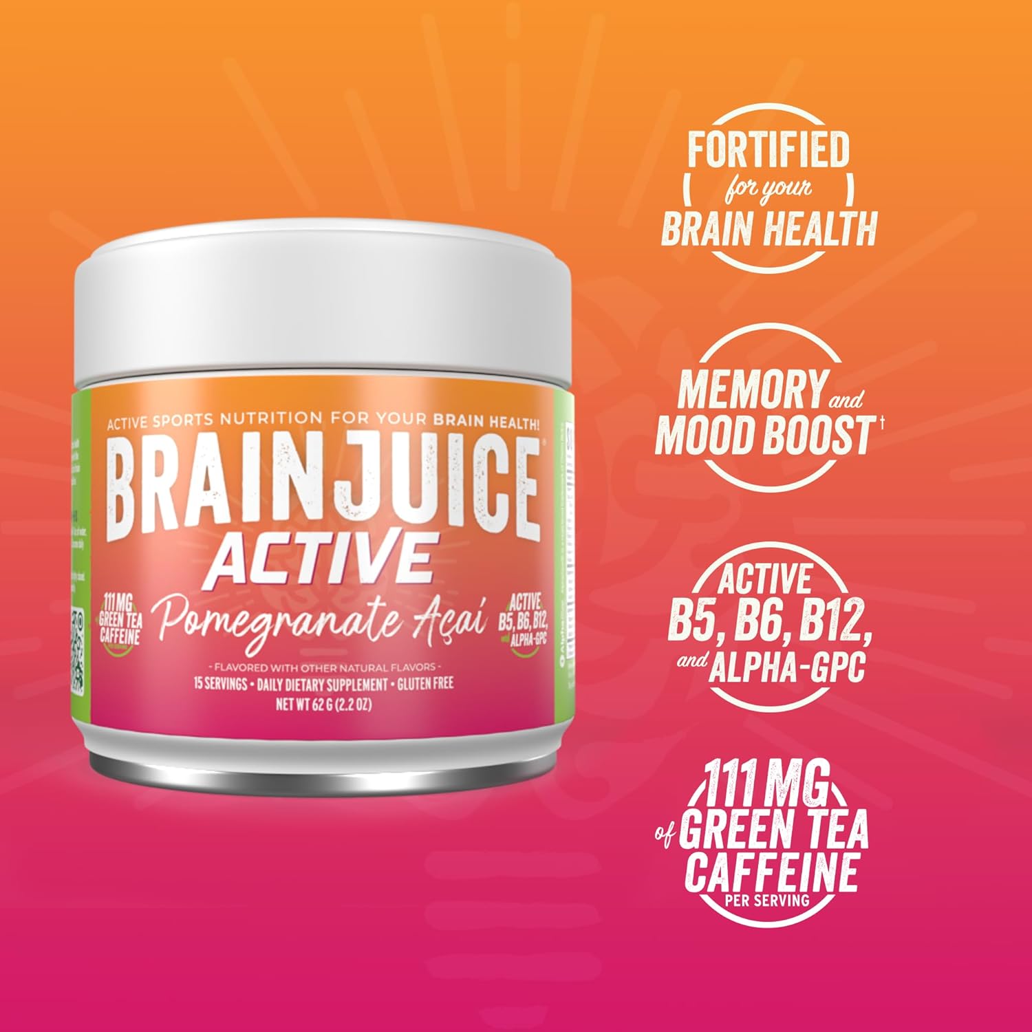 BrainJuice Active Pomegranate Acai Daily BrainPower Mix - 15 Servings