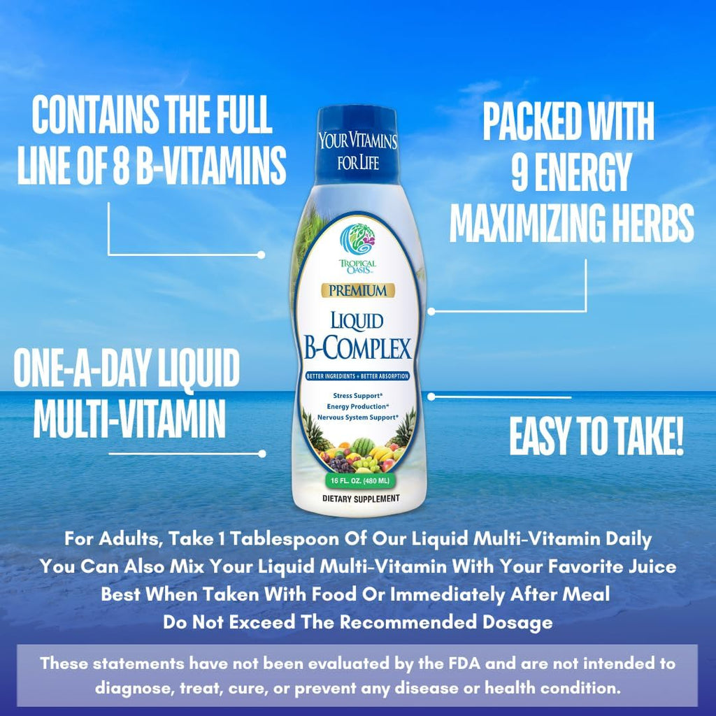 Premium Liquid B Complex Vitamin- Fast Absorbing Liquid B-Complex Supplement w/ all 8 B-vitamins, PLUS energizing herbal blend w/ Ginseng, Ginkgo, and Eleuthero Root - Vegan, NON-GMO - 16oz, 32 Serv