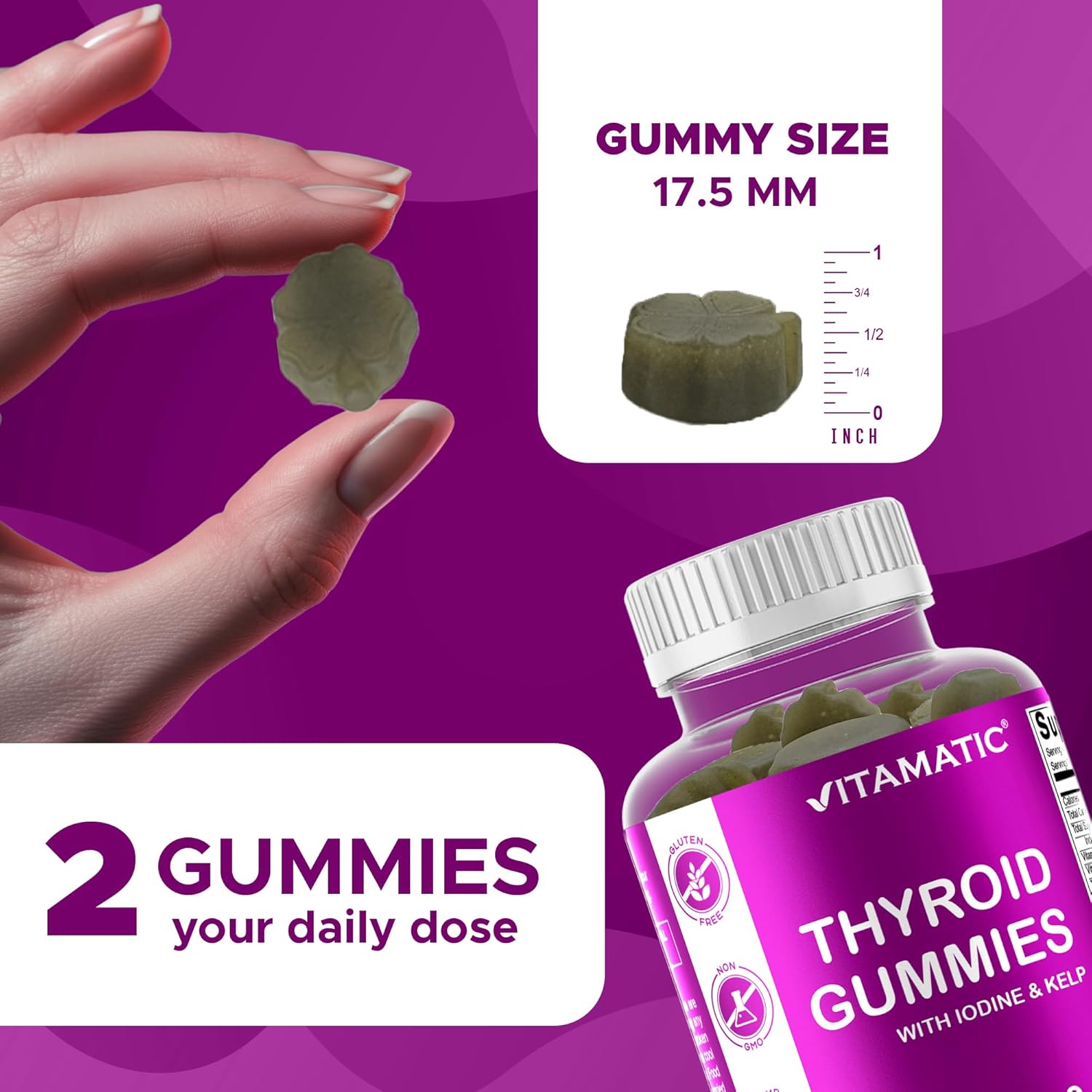 Vitamatic Vegan Thyroid Support Gummies with Iodine & Kelp – 60 Count Improve Your Energy & Increase Metabolism – Plant-Based