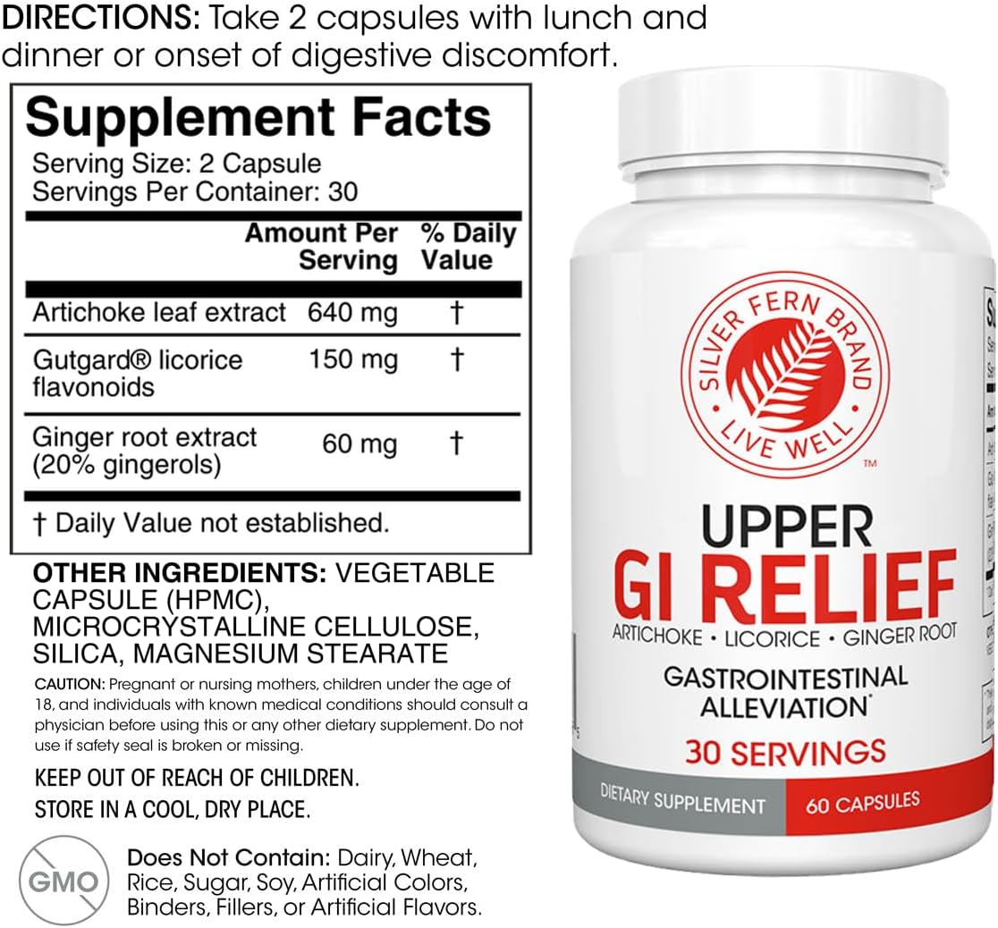 Silver Fern GI Relief - Natural Herbal Supplement - All Natural with Artichoke Leaf Extract, Ginger Root Extract, and GutGuard Licorice Flavonoids (1 Bottle - 60 Capsules - 30 Day Supply)