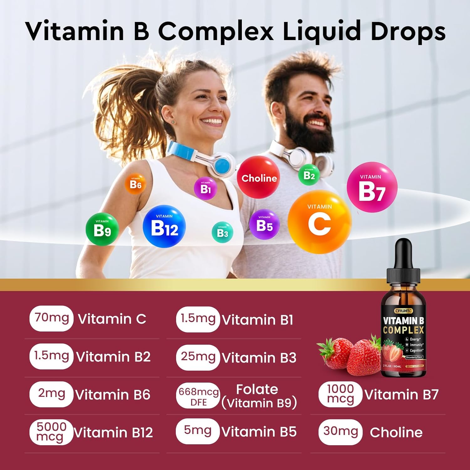 Vitamin B Complex Liquid Drops, B Vitamins Complex Supplement with B1, B2, B3, B5 B6, B7, B9 & Methyl B12 Drops for Adults & Kids, Vegan, Strawberry Flavor