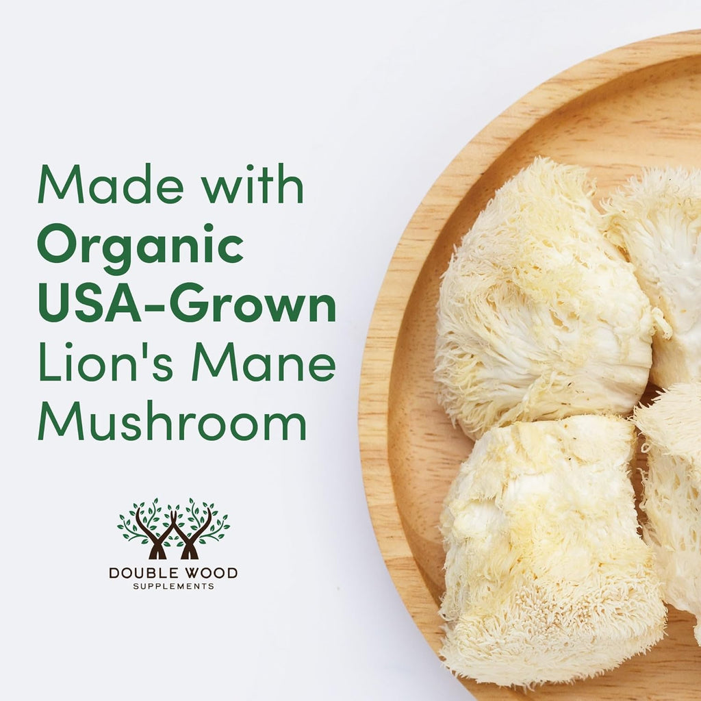 Organic Lions Mane Mushroom Capsules (120 Count), for Brain Support and Immune Health, Third Party Tested and Grown in The USA - by Double Wood