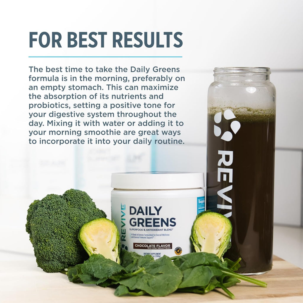 Revive MD Daily Green Powder Superfood (Chocolate) - Supergreens Powder to Support Energy Levels - Green Juice That Improves Fiber Intake - Vegetable Supports Digestion and Gut Health (30 Servings)