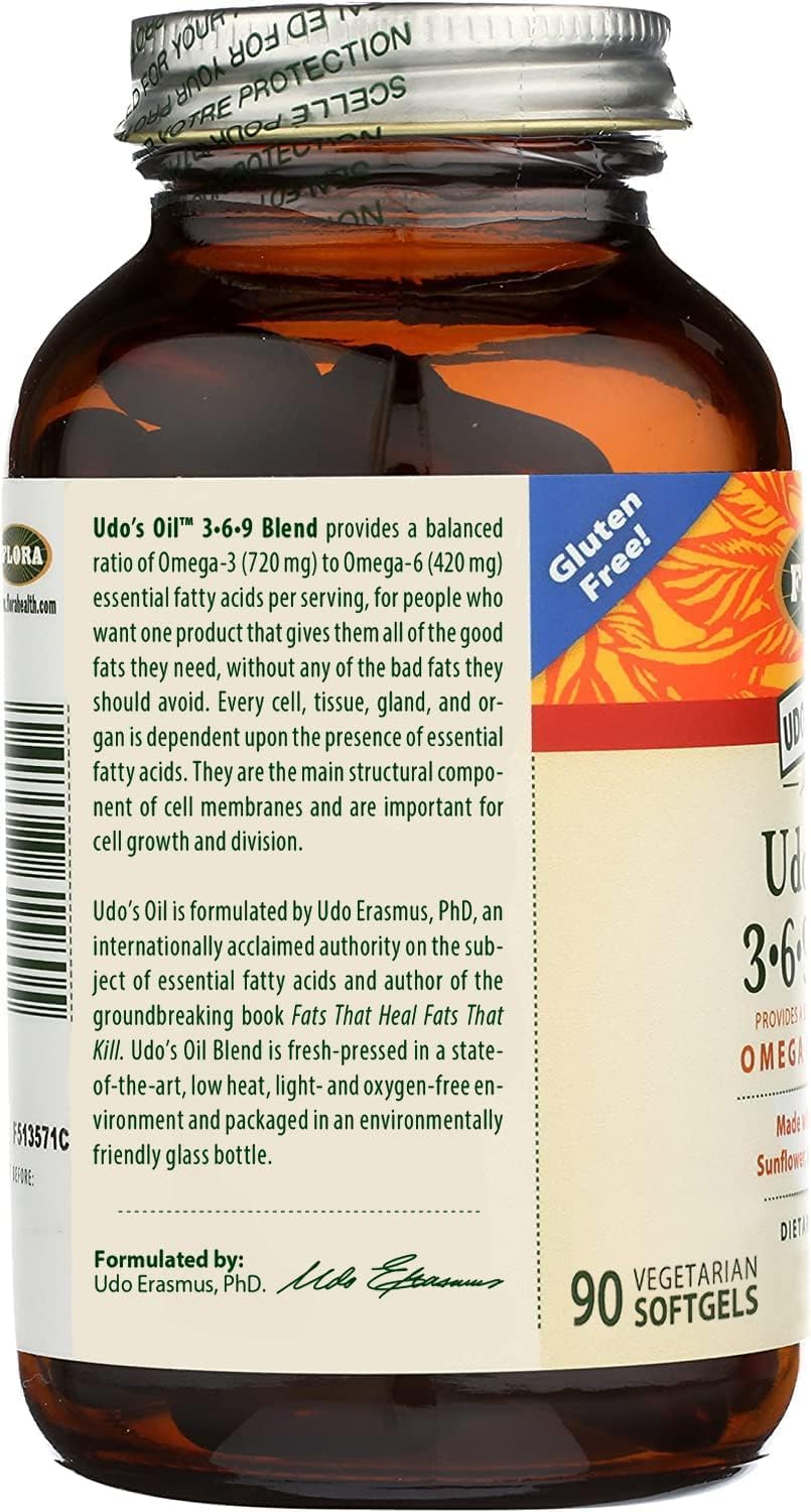 Flora Udo's Oil 3-6-9 Blend - Contains Organic Coconut, Flax Seed Oil & More - 90 Vegetarian Softgels