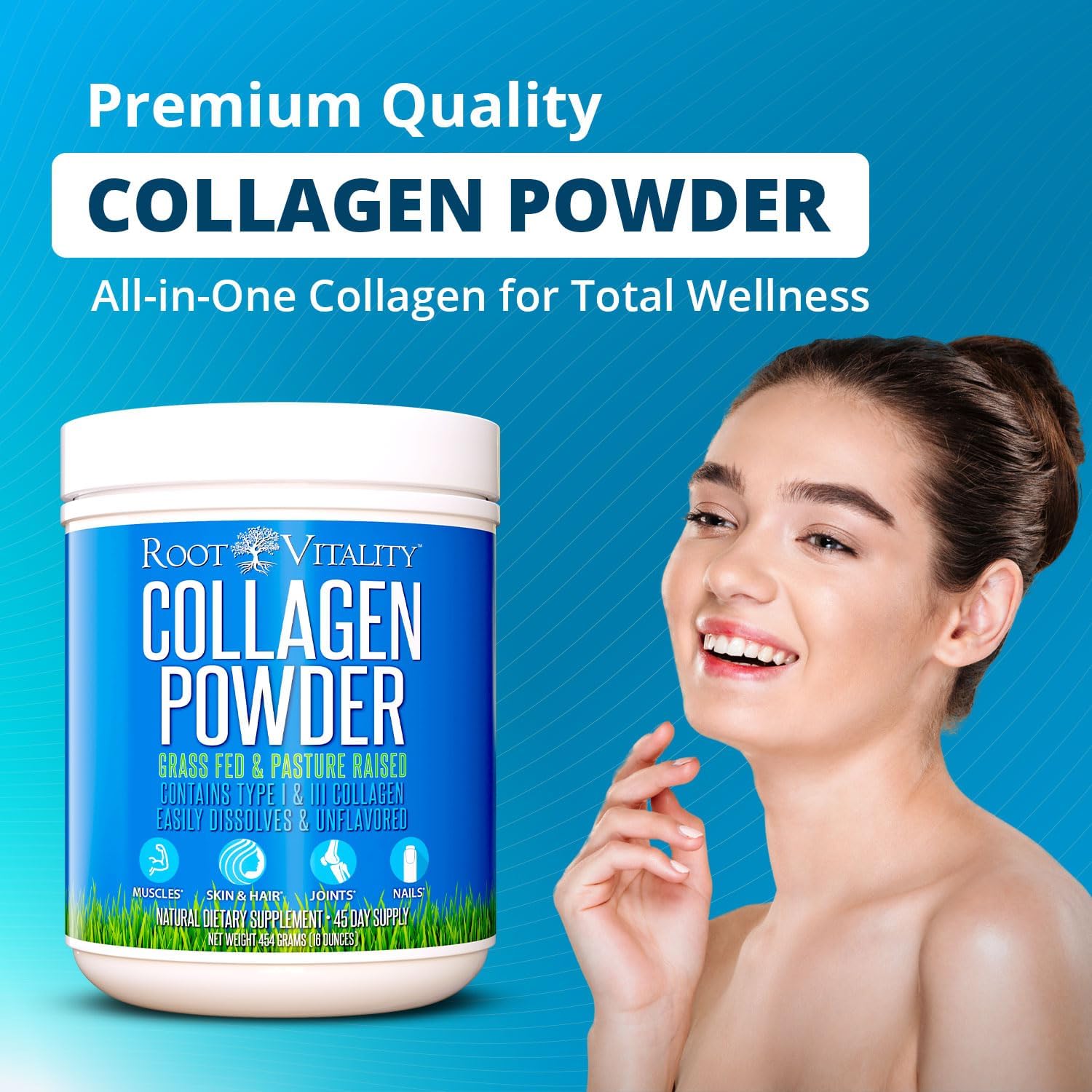 Root Vitality Collagen Peptides Powder - Grass-Fed, Pasture-Raised Hydrolyzed Protein Supplement for Skin, Hair, & Nails - Non-GMO, Zero Sugar Daily Supplement for Men & Women (22 Servings)