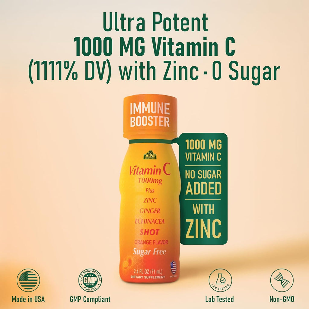 ALFA VITAMINS Vitamin C Shot 1000mg with Zinc, Ginger & Echinacea – Supports Immune Health & Daily Wellness – Orange Flavor – 2.4 FL Oz Bottle – 40 Pack