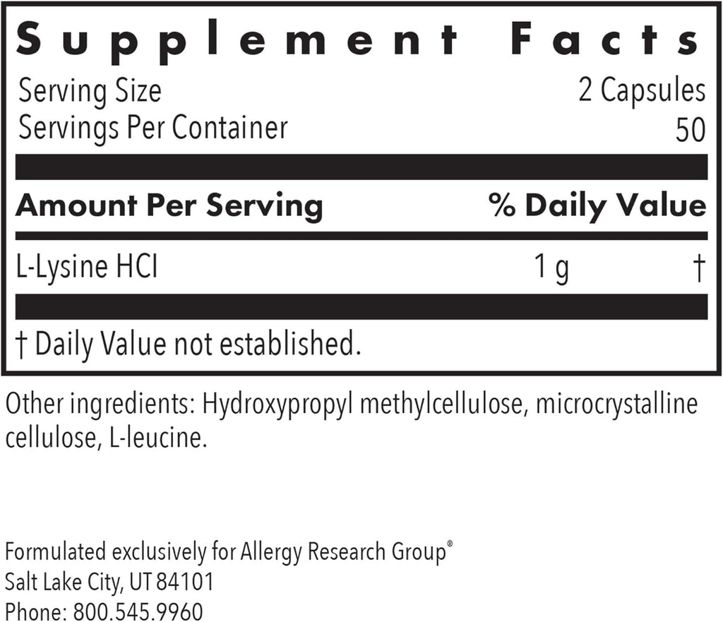Allergy Research Group L-Lysine - Immune Support, L-Lysine HCI, Free Form Amino Acid, 500mg Supplement, Pure, Organic, Vegetarian Capsules - 100 Count