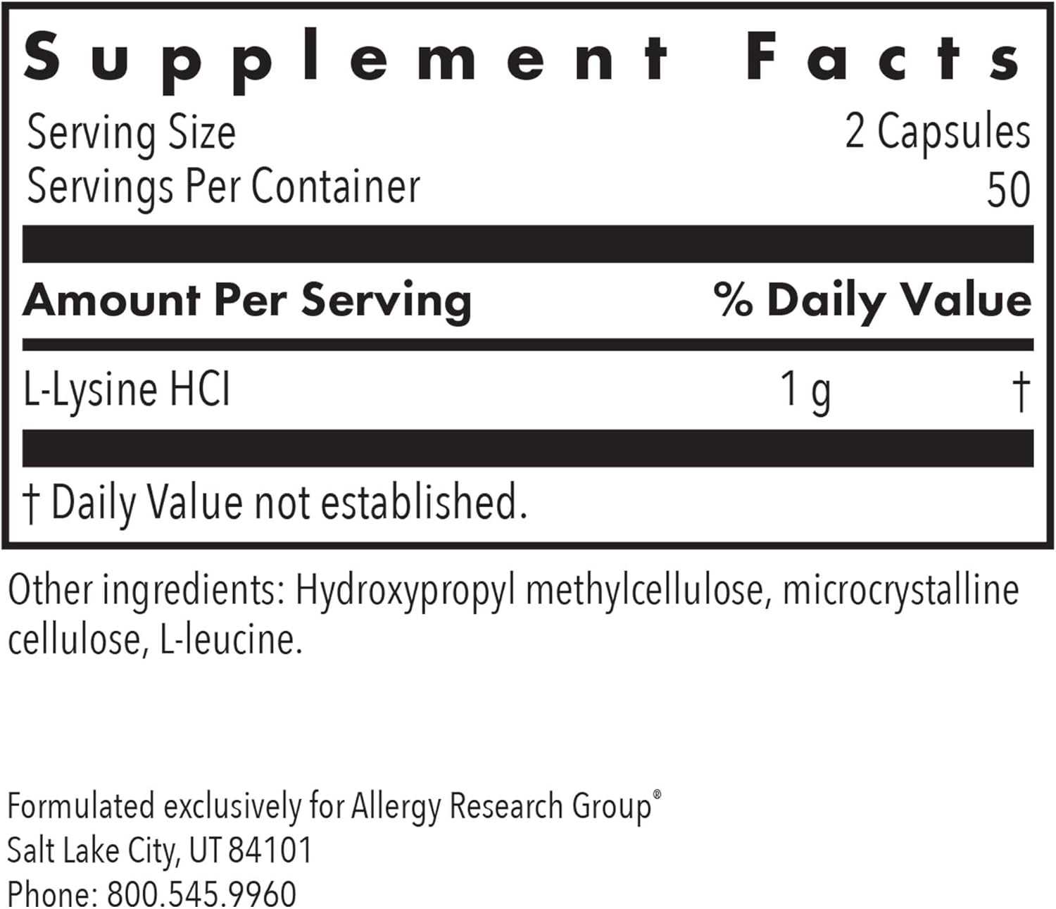 Allergy Research Group L-Lysine - Immune Support, L-Lysine HCI, Free Form Amino Acid, 500mg Supplement, Pure, Organic, Vegetarian Capsules - 100 Count