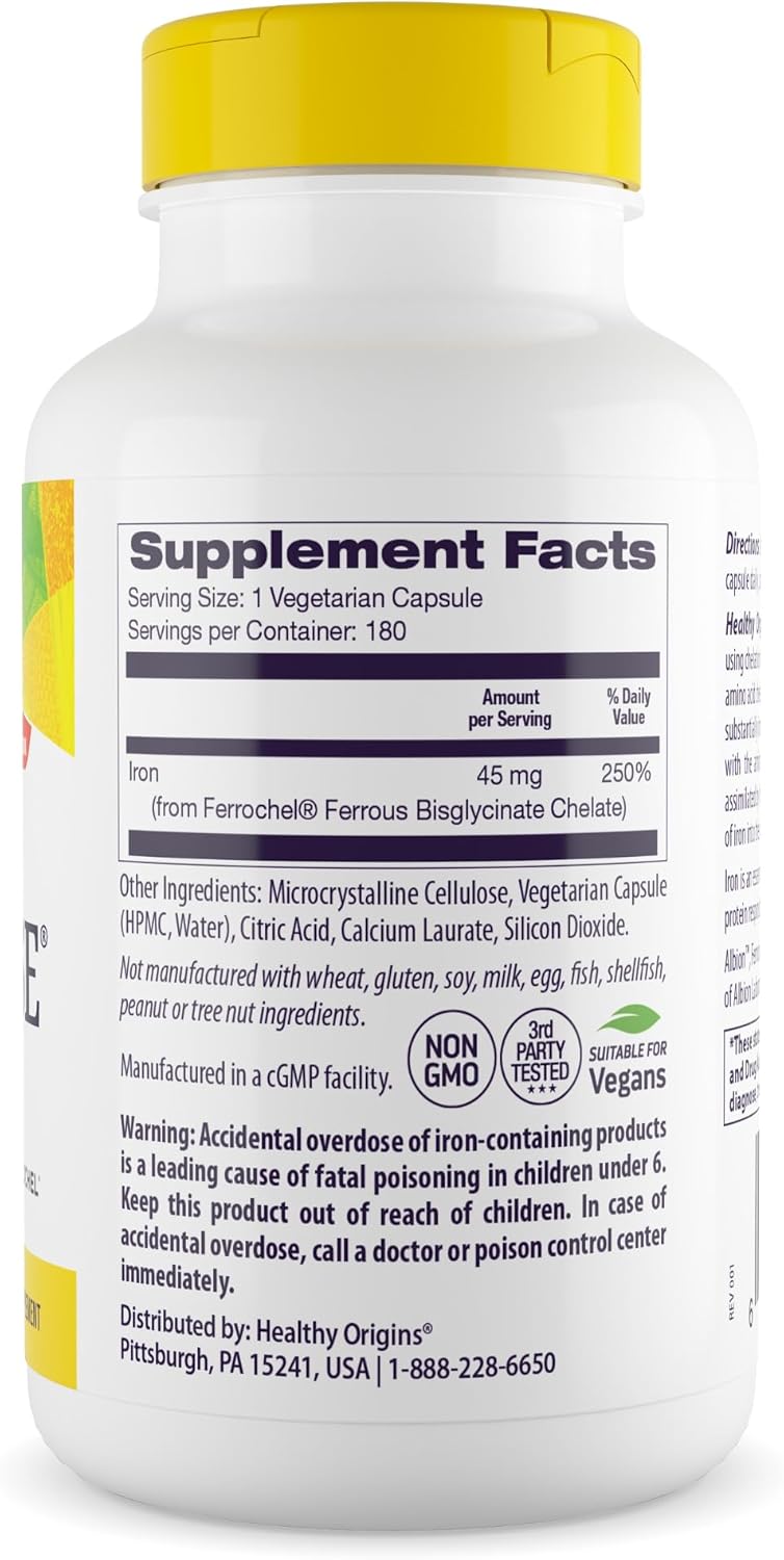 Healthy Origins Iron Ease 45 mg (Featuring Albion Ferrochel, Non-GMO, High Potency, Ferrous Bisglycinate Chelate), 180 Veggie Caps