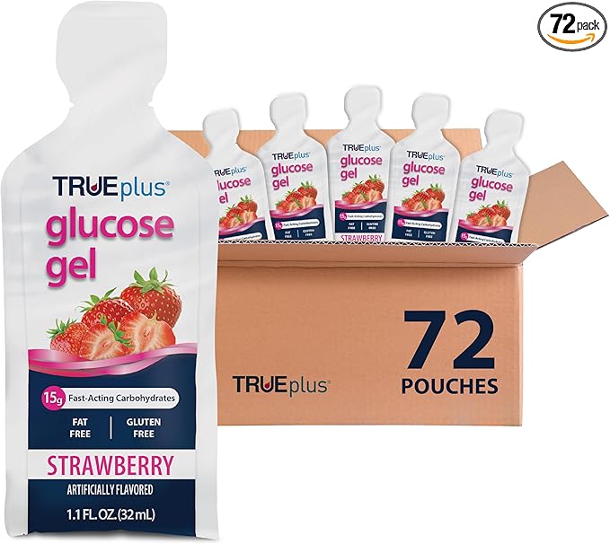TRUEplus Glucose Gel Pouch, Strawberry Flavor, 15g Fast-Acting Carbohydrates, Fat Free, Gluten Free, Quick Support for Low Blood Sugar and Energy, 72 Pack