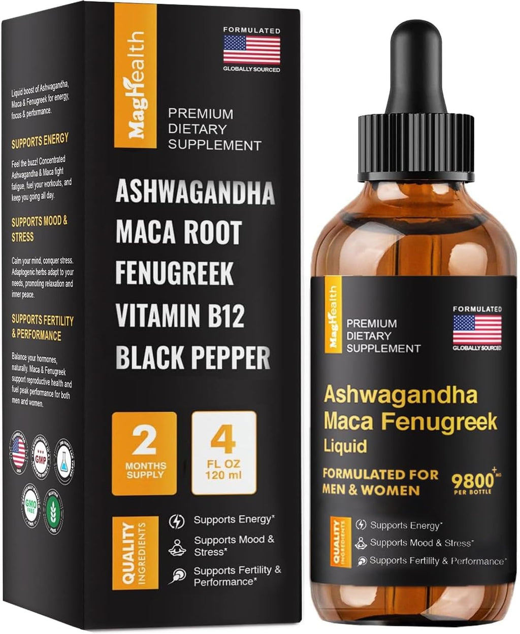 Ashwagandha Maca Fenugreek Extracts - Focus, Energy and Performance - Cortisol Supplement - Cortisol Manager - Liquid Supplement for Men & Women - 60 Day Servings, Vegan Drops