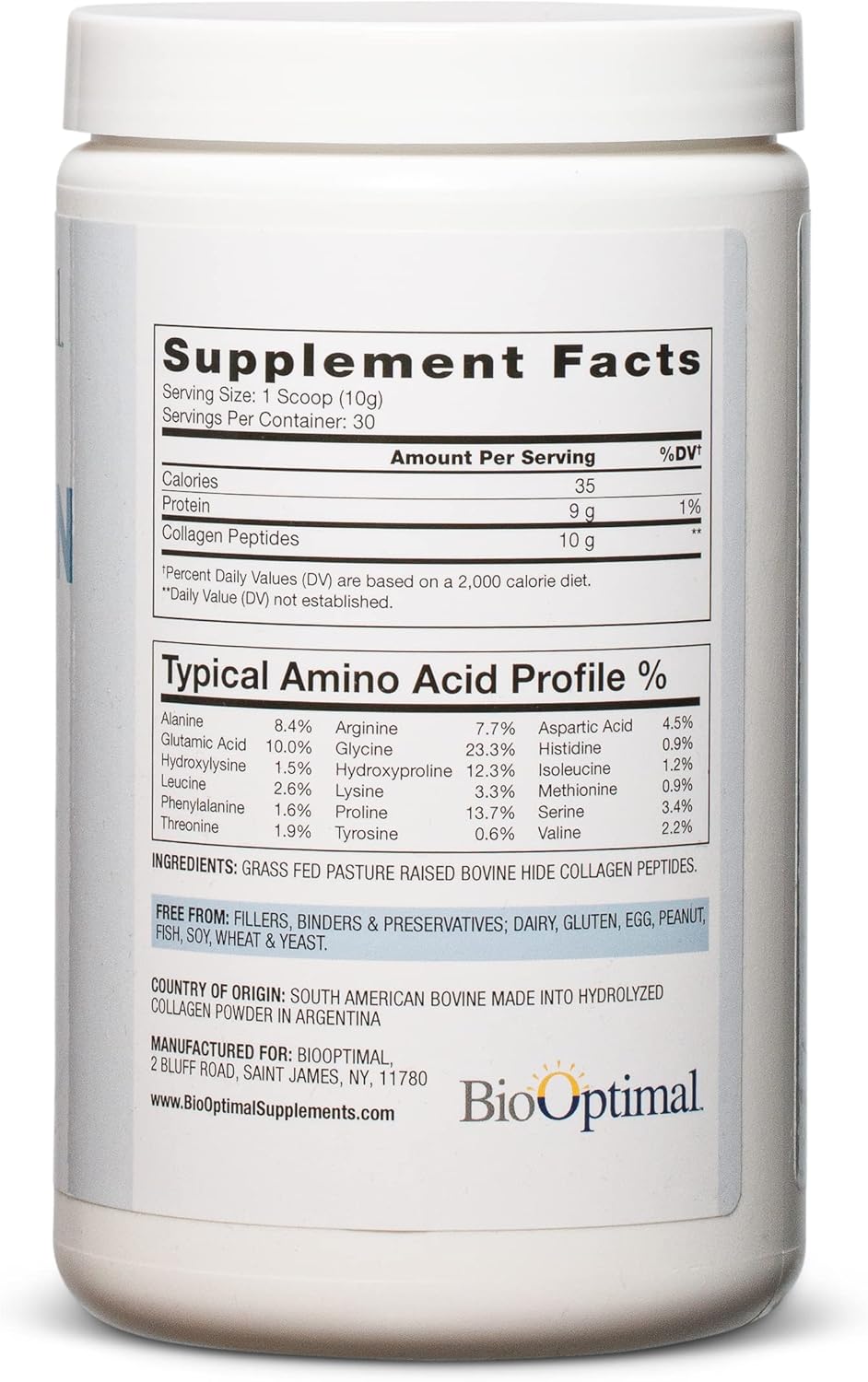BioOptimal Collagen Peptides Powder - Grass-Fed, Pasture-Raised Hydrolyzed Protein Supplement for Skin, Hair, & Nails - Non-GMO, Zero Sugar Daily Supplement for Men & Women (30 Servings)