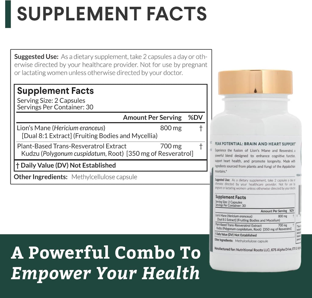 Lion’s Mane + Resveratrol - With 800mg Lion’s Mane Extract & 350mg Trans-Resveratrol Per Serving - Supports Brain & Heart Health - Dietary Supplement - 1 Month Supply - 60 Capsules