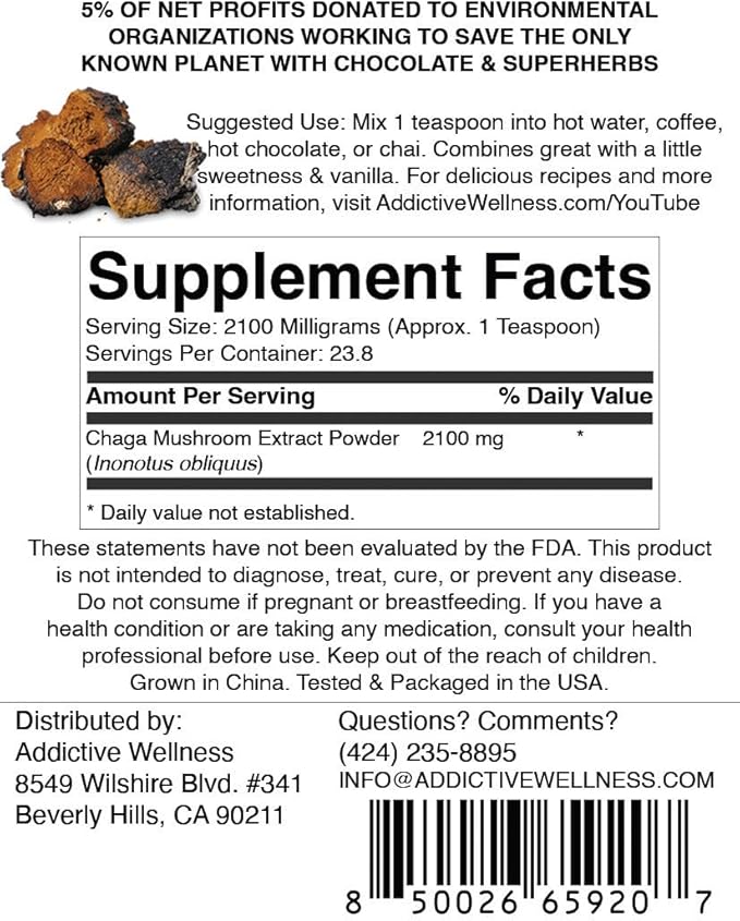 Addictive Wellness Chaga Mushroom Extract Powder – Dual-Extracted Full-Spectrum Adaptogen for Immune Support, Antioxidant Protection, Energy & Radiant Skin – 100% Pure, Potent & Ready-to-Drink