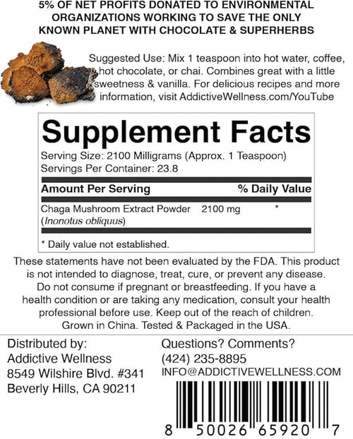 Addictive Wellness Chaga Mushroom Extract Powder – Dual-Extracted Full-Spectrum Adaptogen for Immune Support, Antioxidant Protection, Energy & Radiant Skin – 100% Pure, Potent & Ready-to-Drink