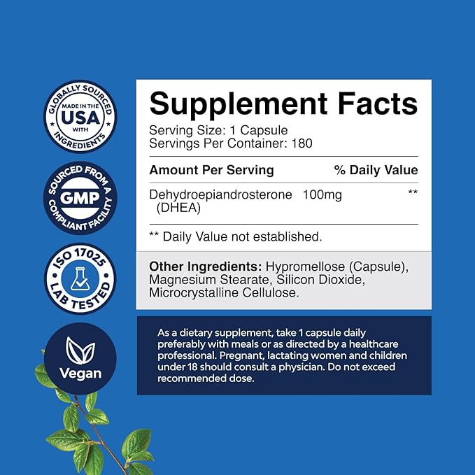 DHEA Supplement for Women & Men - Pure DHEA 100mg for Hormone Balance, Improves Mood Stability, Brain Function, Immune System, Energy & Fertility - Dehydroepiandrosterone Capsules for Adults - 180 Ct