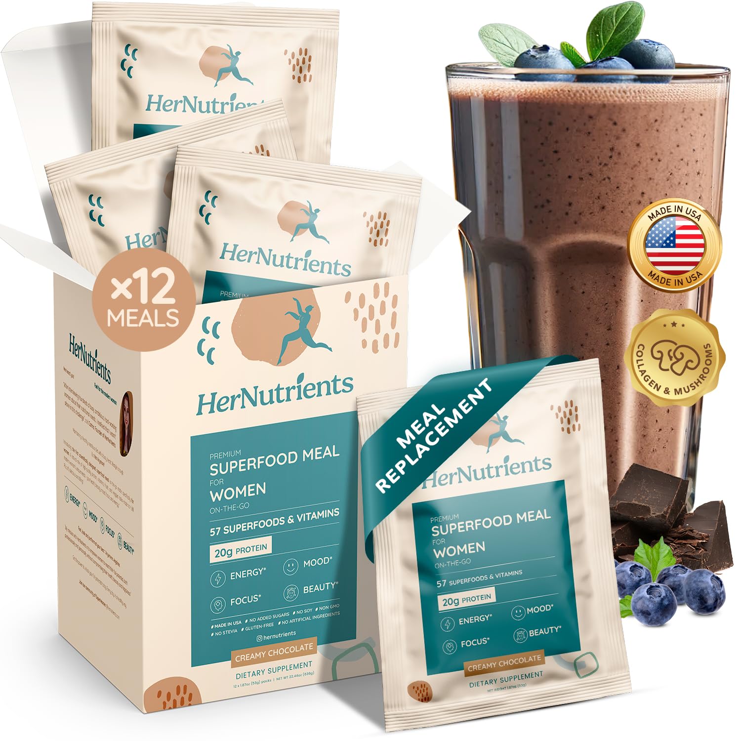 SuperFood Meal Replacement for Women - All-In-One Protein Powder with Greens & Vitamins & Collagen | Chocolate Protein Shake & Supplement Snack for Women's Health, Energy, Focus, Beauty, Mood, No Added Sugar (12 Packets On-The-Go, Chocolate)