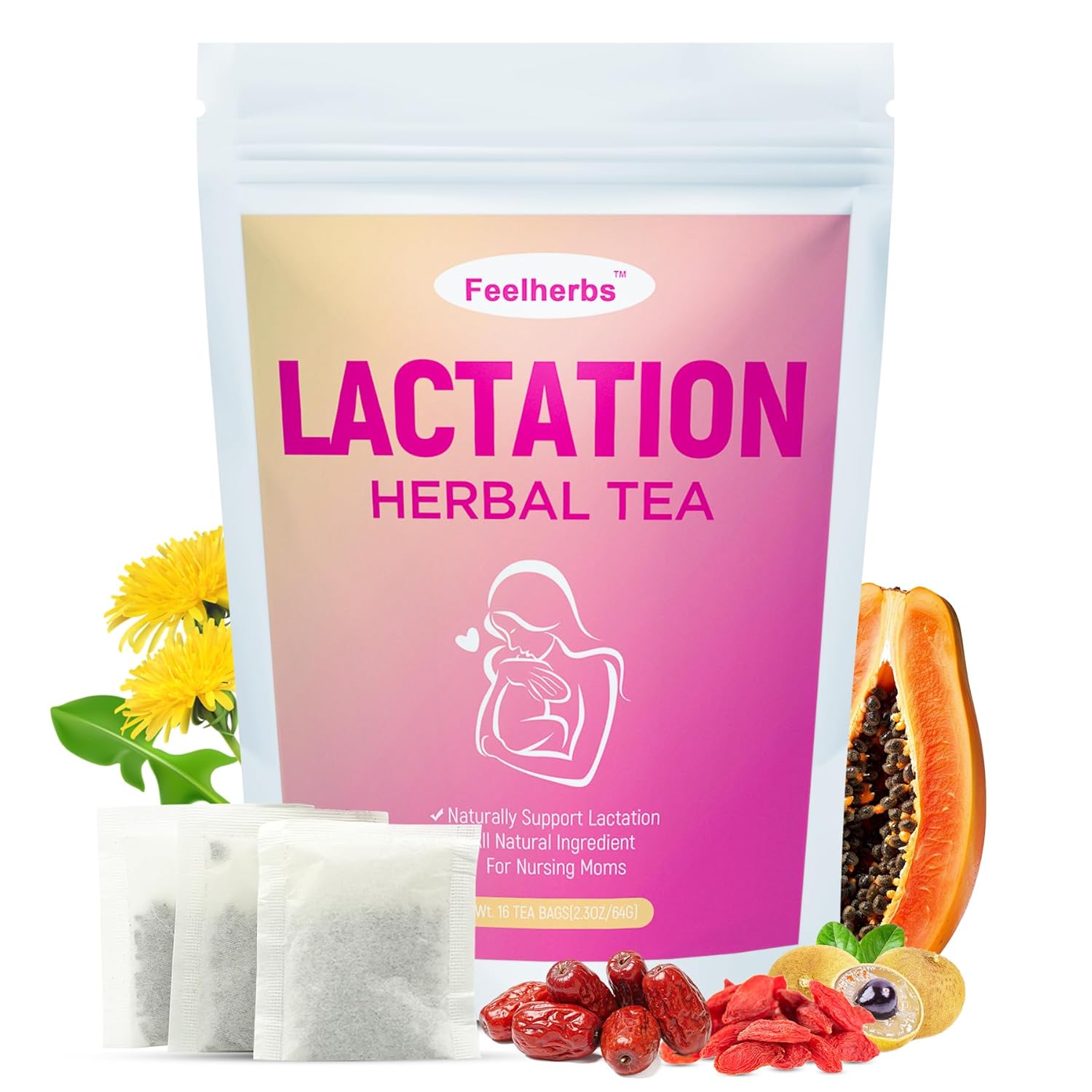 Lactation Herbal Tea for Breastfeeding Moms, 16 Teabags Nursing Tea with Goji Berry, Papaya, Jujube and Licorice, Lactation Support Tea for Milk Production