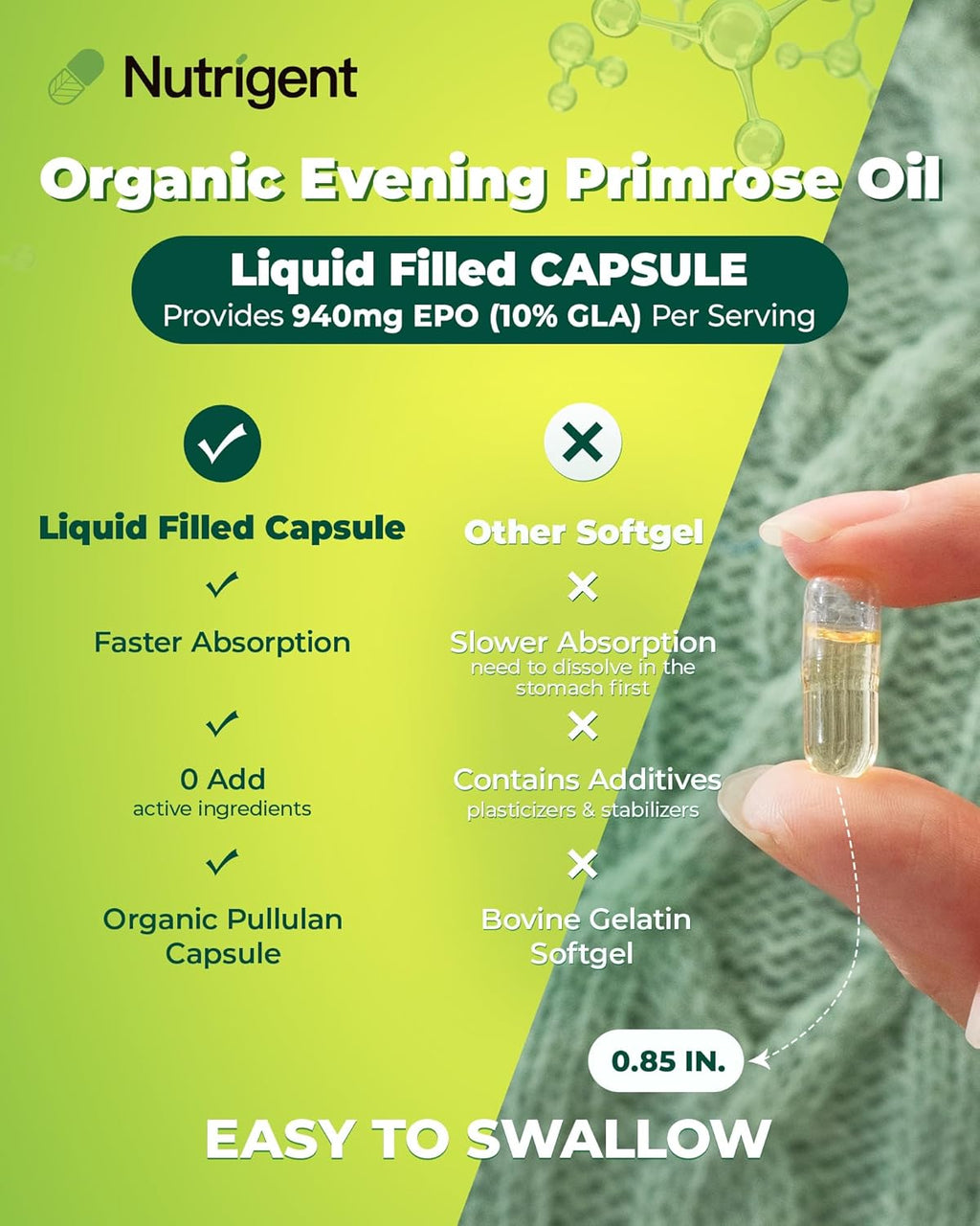 Organic Evening Primrose Oil Supplement, 940 mg 100% Pure with 10% GLA, High Absorption Liquid Organic Capsules, Promotes Women's Health & Skin Health, Cold Pressed, 60 Count