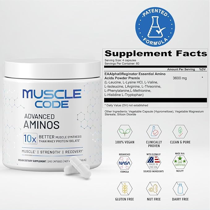 NAUTILUS Muscle Code Essential Amino Acid Capsules – Muscle Synthesis & Recovery & Strength – Unflavored – 60 Servings – Clinically Studied – 0g Sugar, Keto, Vegan, Gluten Free, Dairy Free