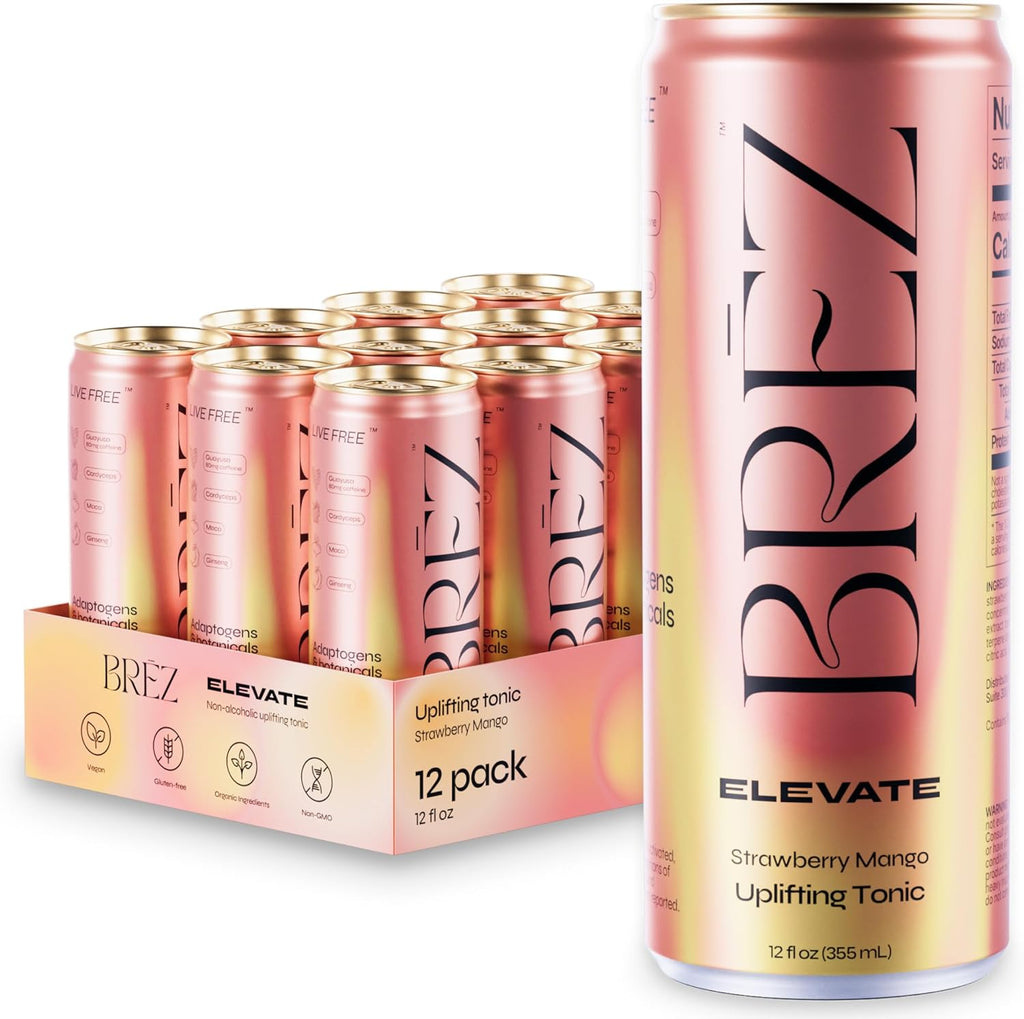 BRĒZ ELEVATE Cordyceps Mushroom Drink, Non-Infused Uplifting Tonic with Cordyceps, Guayusa, Maca & Ginseng, Vegan Adaptogen Drink for Focus, Drive & Mental Clarity, Strawberry Mango, 12 fl oz, 12 Pack