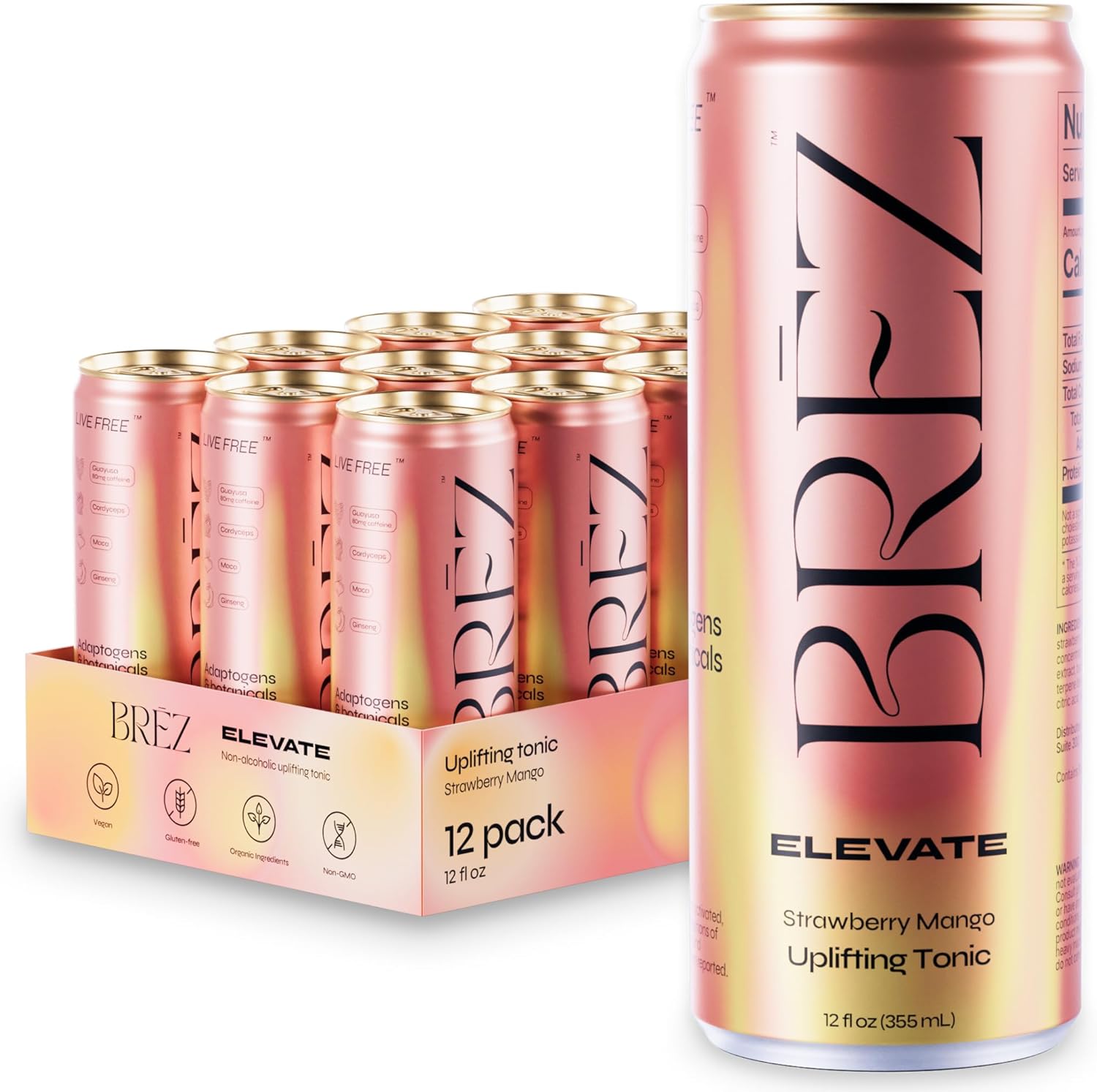 BRĒZ ELEVATE Cordyceps Mushroom Drink, Non-Infused Uplifting Tonic with Cordyceps, Guayusa, Maca & Ginseng, Vegan Adaptogen Drink for Focus, Drive & Mental Clarity, Strawberry Mango, 12 fl oz, 12 Pack