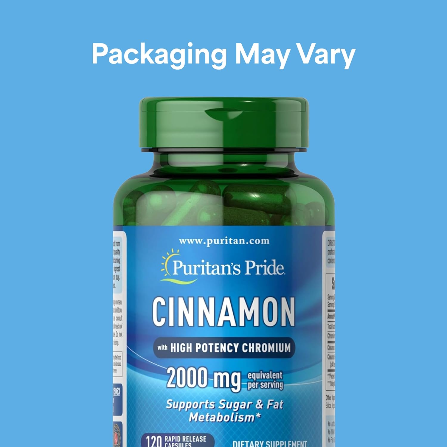 Puritan's Pride Cinnamon 875 mg (2000 mg Equivalent) with High Potency Chromium, Supports Sugar, Fat, and Healthy Nutrient Metabolism, Cellular Energy, 2 Month Supply, 120 Rapid Release Capsules