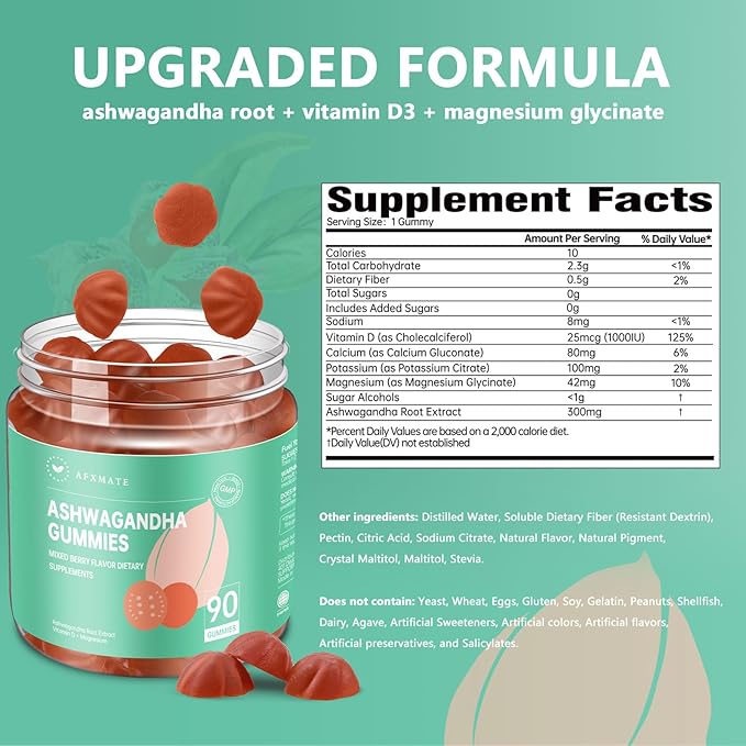 AFXMATE Ashwagandha Gummies for Women Sugar Free, Men's Ashwagandha Supplement Gummy with Vitamin D Magnesium Vegan (90 Counts)