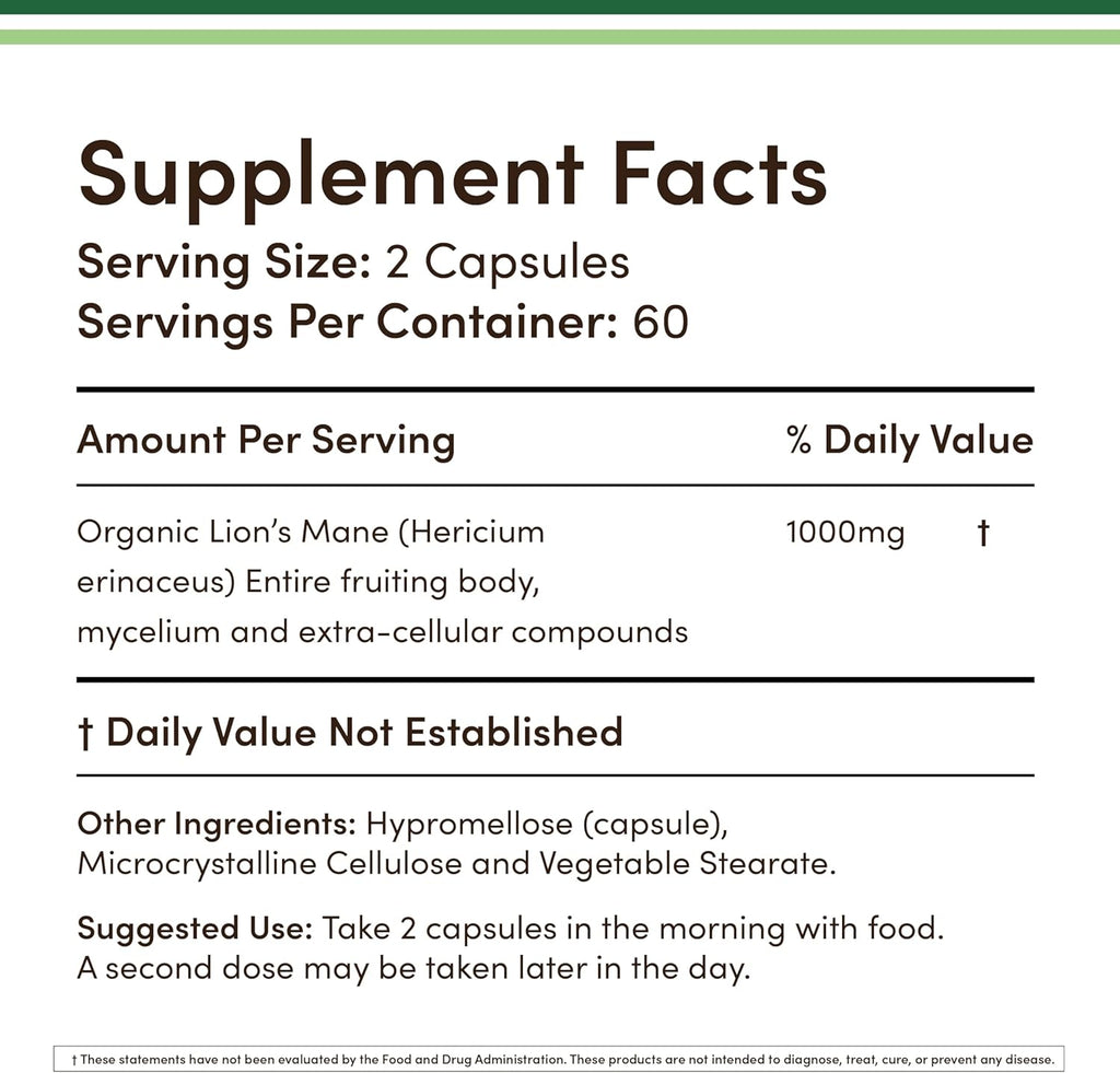 Organic Lions Mane Mushroom Capsules (120 Count), for Brain Support and Immune Health, Third Party Tested and Grown in The USA - by Double Wood