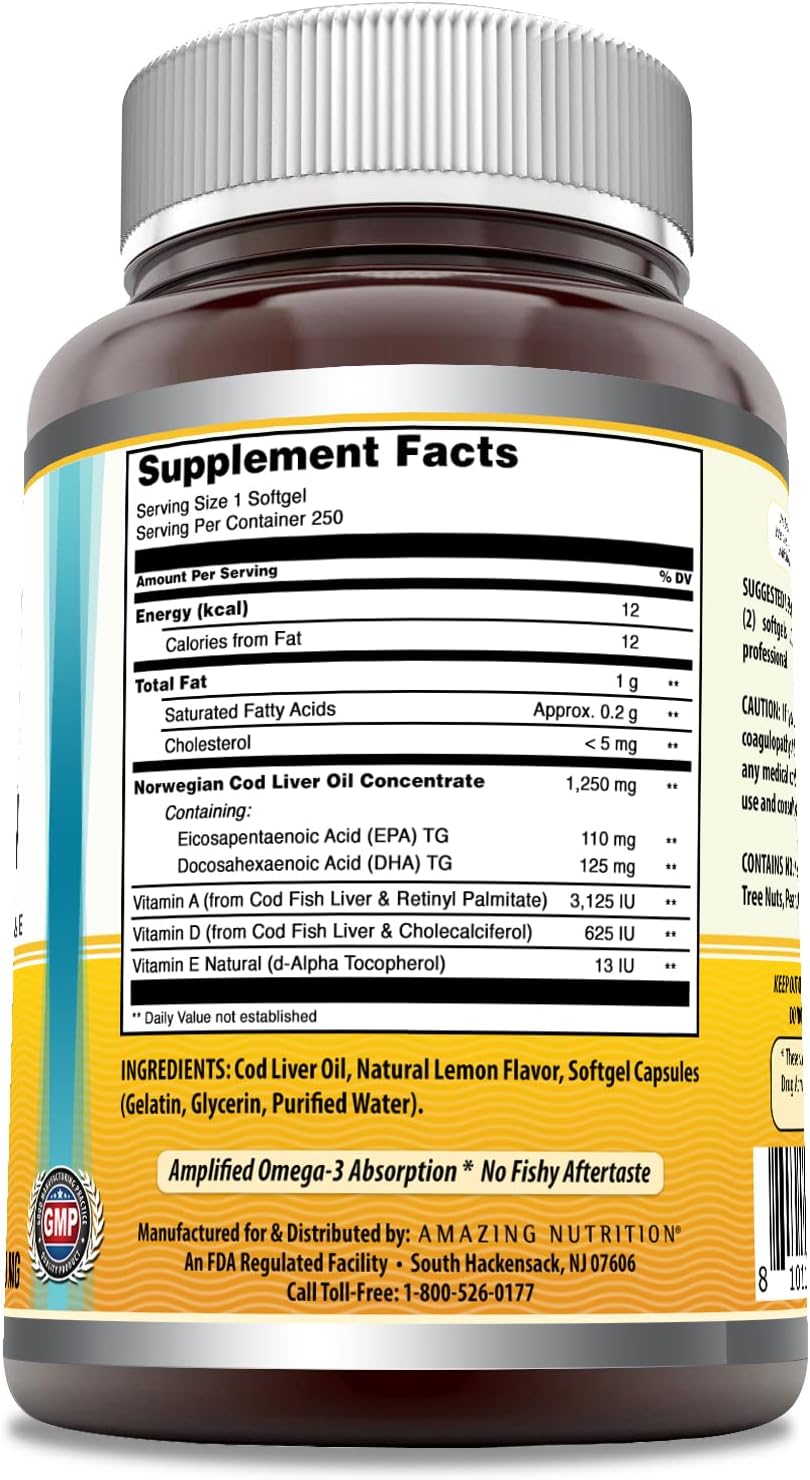 Amazing Omega Norwegian Cod Liver Oil 1250 Mg Softgels Supplement | Omega-3, EPA, DHA, Vitamin A, Vitamin D & Vitamin E (Lemon | 250 Count)