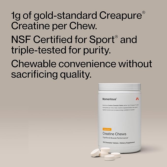 Momentous Creatine Chews - Creapure Creatine Monohydrate - Supports Strength, Lean Muscle, & Recovery for Men & Women - NSF Certified for Sport - 150 Chewable Tablets - Mango