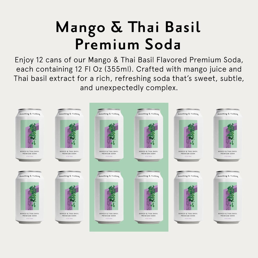 Something & Nothing Mango & Thai Basil Flavored Sparkling Water | Lightly Carbonated & Full of Flavor with Added Grape & Lemon Juice | Vegan & Low Calorie Premium Soda | 12 Fl Oz Cans (Pack of 12)