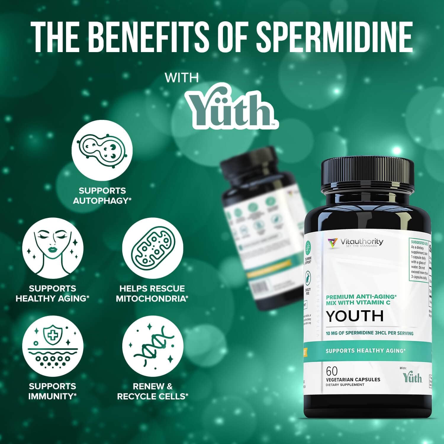 Enhanced Absorption Pure Spermidine Supplement - 99% Standardized Spermidine 3HCL Anti Aging Supplement for Women and Men’s Longevity Brain Telomere Heart Cell and Skin Support - 60 Servings