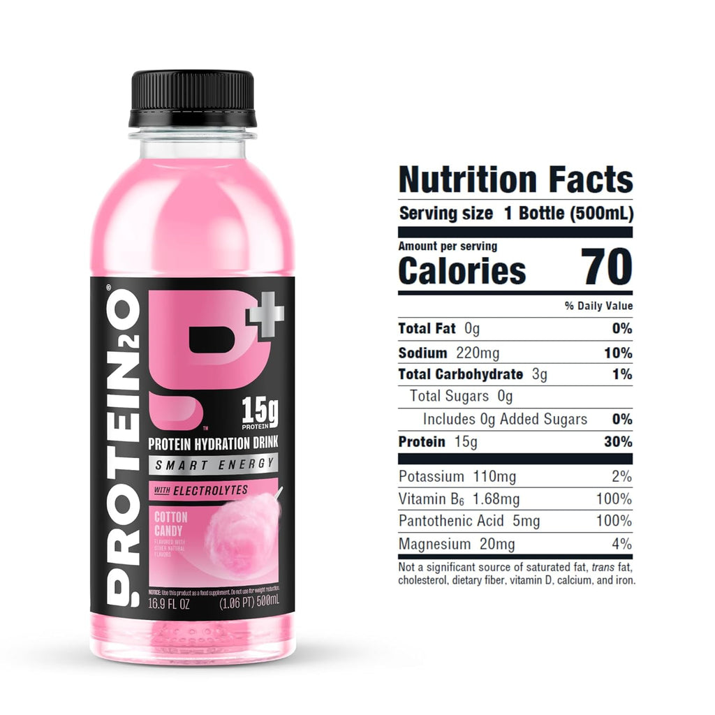 Protein2o 15g Whey Protein Isolate Hydration Drink Plus Energy & Focus, 350mg of Electrolytes, Vitamins B5 & B6, Sugar Free, Cotton Candy, 16.9 oz Bottle (Pack of 12)