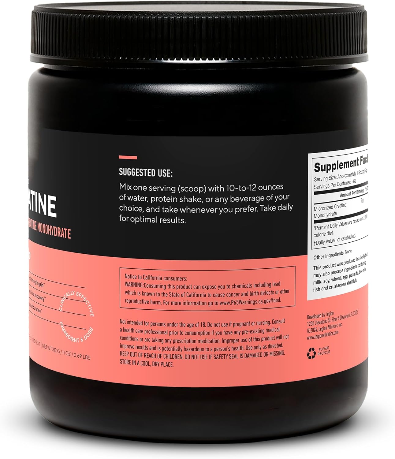 LEGION Micronized Creatine Monohydrate Supplement - Clean Creatine Powder for Muscle Gain & Post Workout Recovery - Micronized Creatine Supplement for Maximum Absorption (60 Servings, Unflavored)
