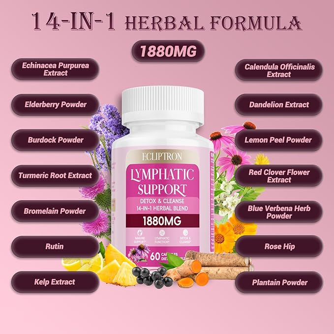 Lymphatic Drainage Supplement 1880 mg, Lymphatic System Support Supplement with Echinacea, Dandelion, Turmeric, Burdock, Elderberry, and Calendula, Lymph Detox Cleanse & Immune Support, 60 Capsules