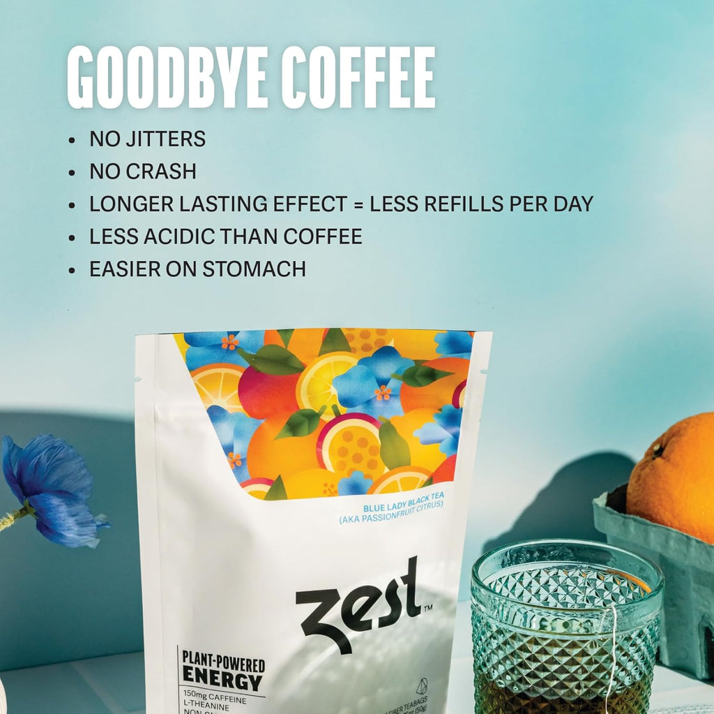 Zest Energy Tea - Blue Lady - High Caffeine Passion Fruit Black Tea Bags - Caffeinated Coffee Altnernative/Substitute - Natural, Non-GMO & Keto Friendly - Hot or Iced - 20Ct Pack - 150mg Caf