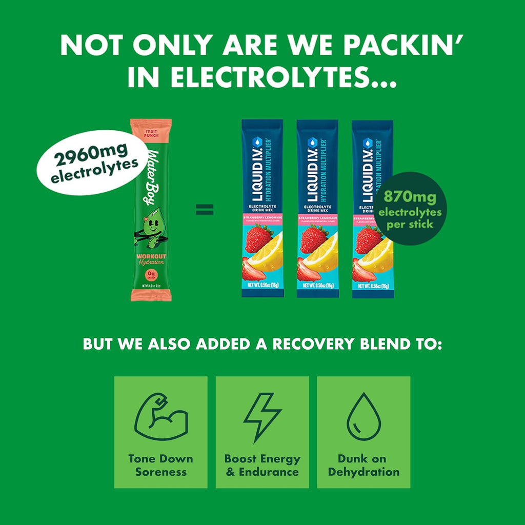Waterboy Workout Hydration | 2,960mg Sugar Free Electrolyte Powder Packets | L-Glutamine + Vitamins | No Sugar, All Natural, Gluten Free | 15 Drink Stick Mixes (Strawberry Lemonade)