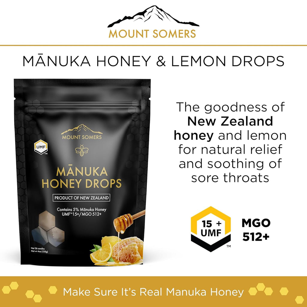 Mount Somers UMF 15+ Manuka Honey & Lemon Drops - 26pcs Soothing Throat Lozenges with Peppermint & Menthol - Natural Relief for Sore Throats