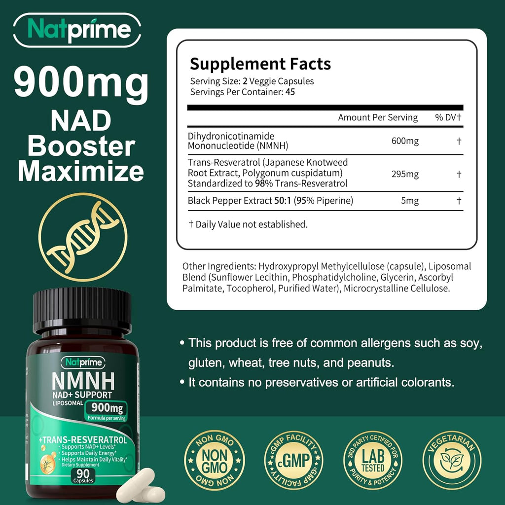 NMNH Supplement – Liposomal NAD+ Resveratrol – Dihydronicotinamide Mononucleotide for Cellular Health, Anti Aging, Energy, Daily Vitality - 900mg 90 Capsules 45 Day – Advanced NAD Supplement
