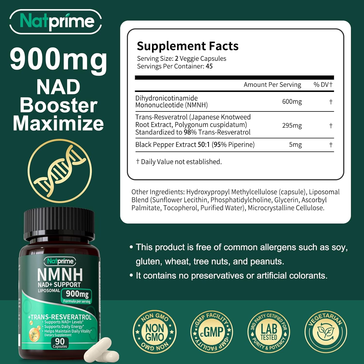 NMNH Supplement – Liposomal NAD+ Resveratrol – Dihydronicotinamide Mononucleotide for Cellular Health, Anti Aging, Energy, Daily Vitality - 900mg 90 Capsules 45 Day – Advanced NAD Supplement