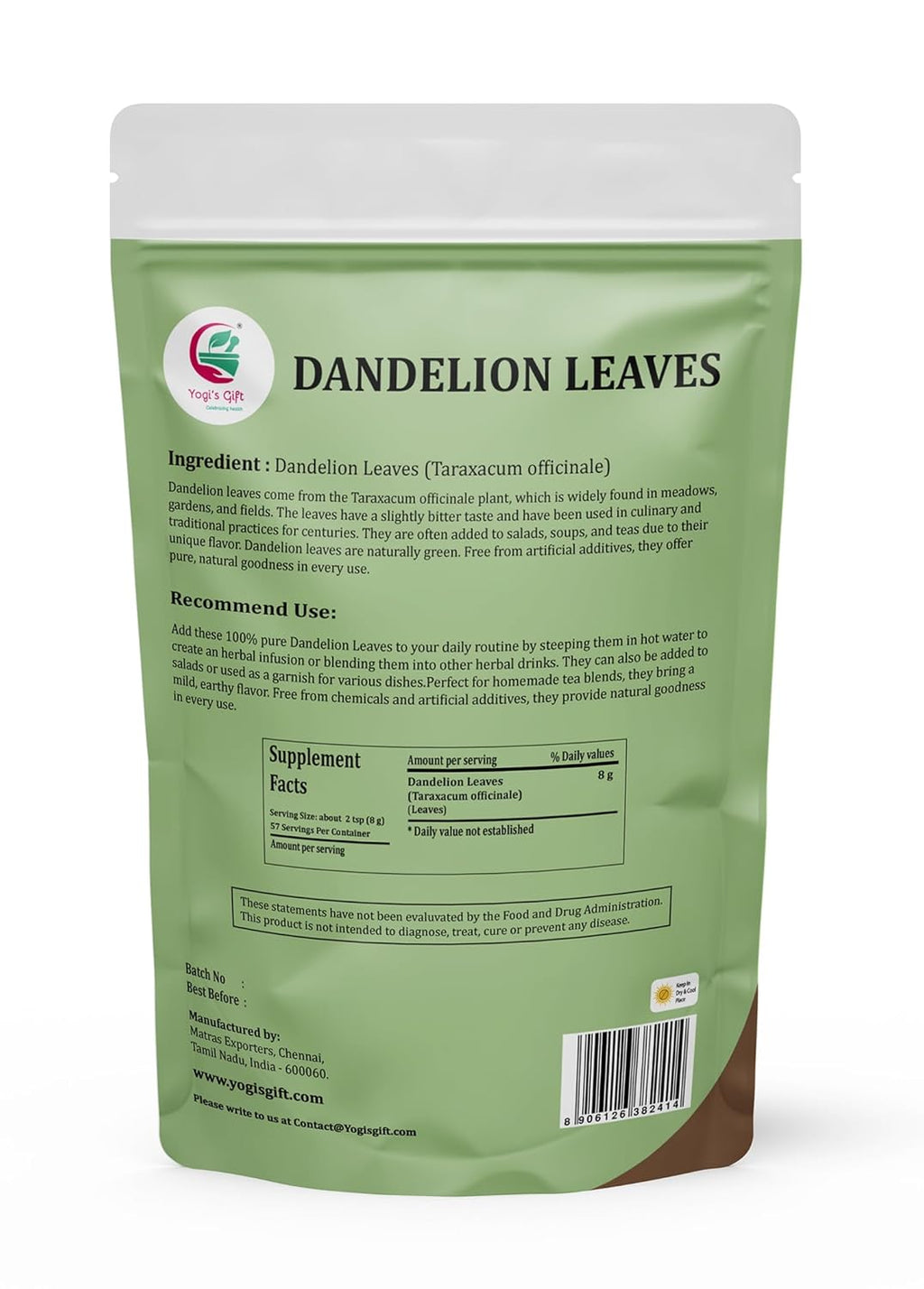 Dandelion Leaves 1 LB, 100% Natural & Pure, Ideal for Dandelion Tea, Herbal Blends & Wellness Uses, 1 LB Bulk Pack, Resealable Bag for Freshness - By Yogi’s Gift®