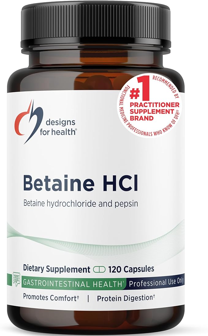 Designs for Health Betaine HCl with Pepsin - 750mg Betaine Hydrochloride + Protein Digestive Enzyme - Non-GMO Supplement to Support Digestive Function (120 Capsules)
